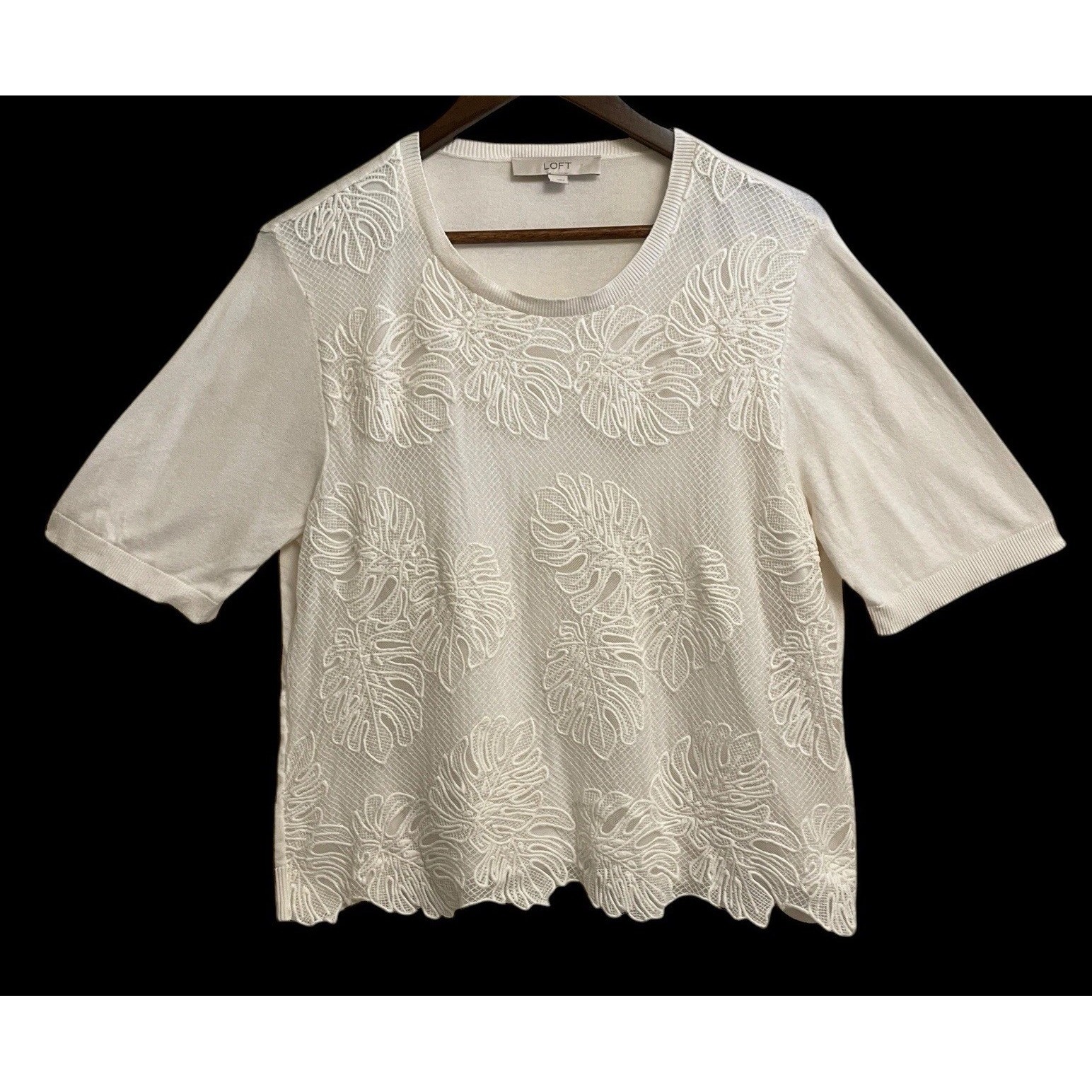 Loft Short Sleeve Sweater Women Size L White Monstera Lace Front